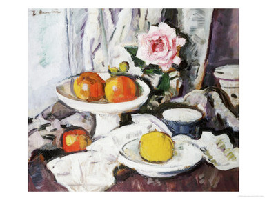Apples in a White Fruitbowl and a Pink Rose in a Vase