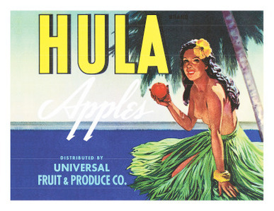 Hula Apples, Crate Label with Topless Hula Girl, c.1930s