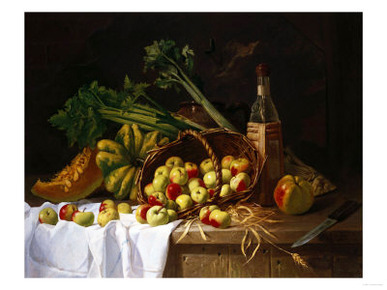 A Still Life with a Bottle of Wine, Rhubarb and an Upturned Basket of Apples on a Table